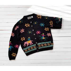 black embroidered sweater 80s 90s vintage Forenza elephant horse floral cardigan